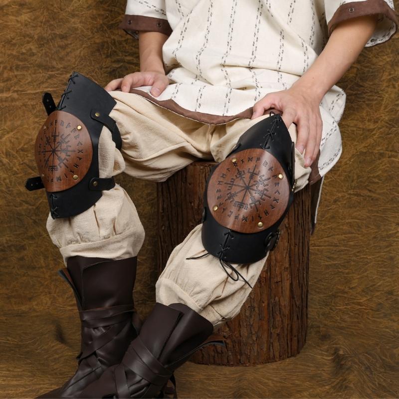 Medieval Knee Armors Nordic Vikinges Knee Brace Leather Embossed Knee Pads Knightes Leg Guards for Halloween Cosplay