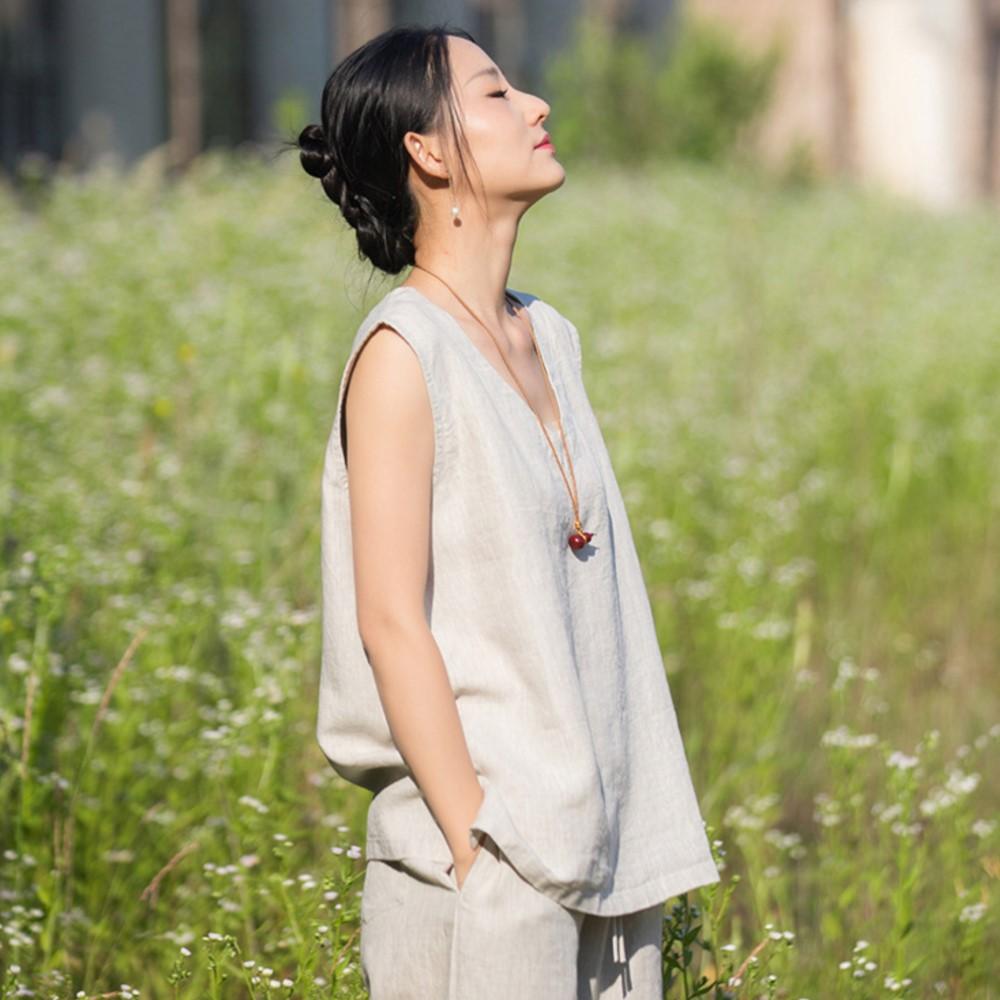 Johnature Women Vintage Sleeveless T-Shirts Summer Chinese Style Solid Color High Quality Female Soft T-Shirts