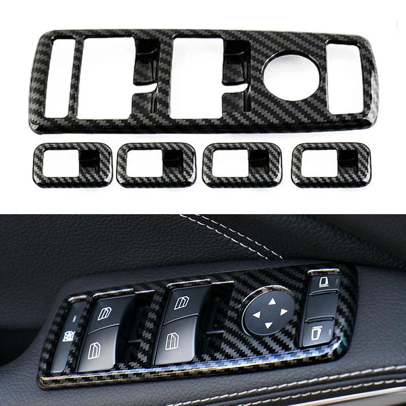 5Pcs/Set ABS Plastic Carbon Fiber Look Window Lift Switch Button Frame Sticker Fit for Mercedes-Benz A/B/C/E Class /CLA/GLA/GLE/ML/GLK