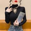 Korean Style Beaded High Neck Knitwear for Women - Long Sleeve, Hollow Out Slim Fit Sweater for Autumn/Winter