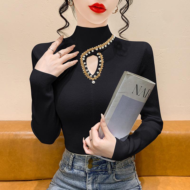 Korean Style Beaded High Neck Knitwear for Women - Long Sleeve, Hollow Out Slim Fit Sweater for Autumn/Winter