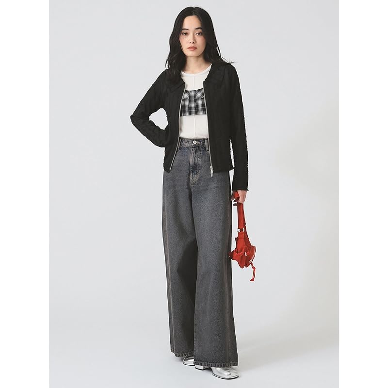 [Ray Beams] L/S TEE stripe shirring zip shirt ladies BLACK ONE SIZE