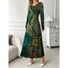 Elegant Women's Long-Sleeve Maxi Dress, Round Neck Long-Sleeve Dress, Printed Fabric, for Home, Vacation, and Commuting, Soft and Breathable Fabric