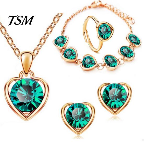 Heart Pendant Necklace Set 4Pcs/Set Shiny Elegant Earrings Bracelet Ring Adjustable Women Rhinestone Jewelry Accessory Bridal 1