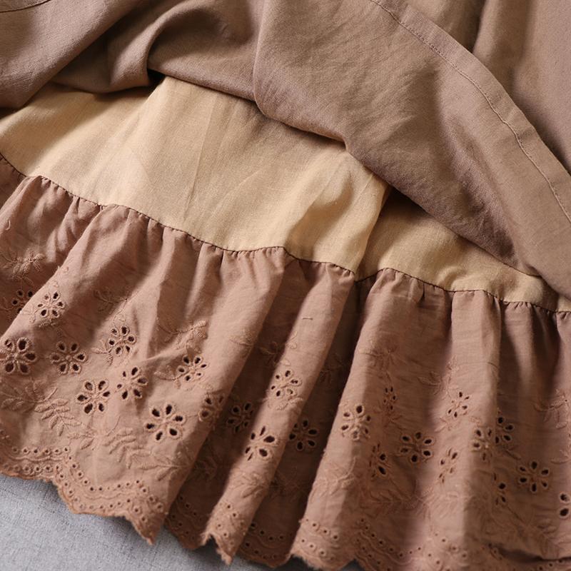 Japan Style Mori Girl Lace Patchwork Linen Skirt Literature Embroidery Double Inner Lining A-line Skirt Spring