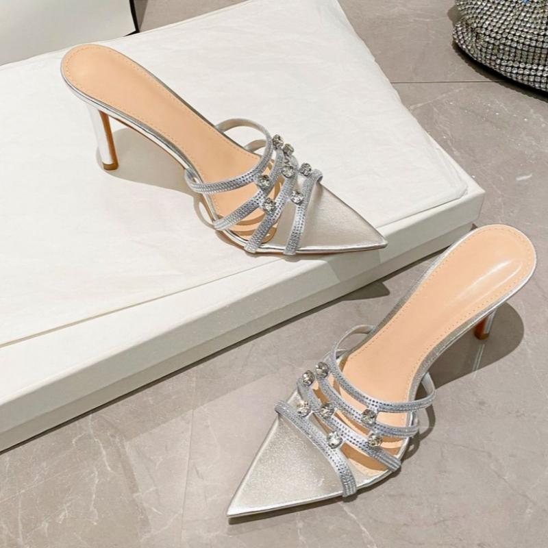 Women's Summer Rhinestone Pointed-toe Stiletto Mules  Stylish Slip-on Sandals For Outdoor Wear