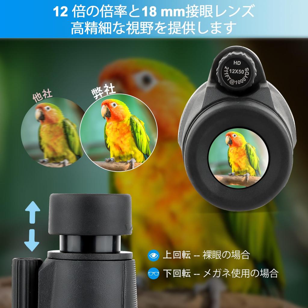 ToopMount 12x50 Monocular, 18mm Aperture, Wide Field of View, Lens Cap, Impact Resistant, Compact, Pocket-Sized, One-Handed Operation, FMC High Transm