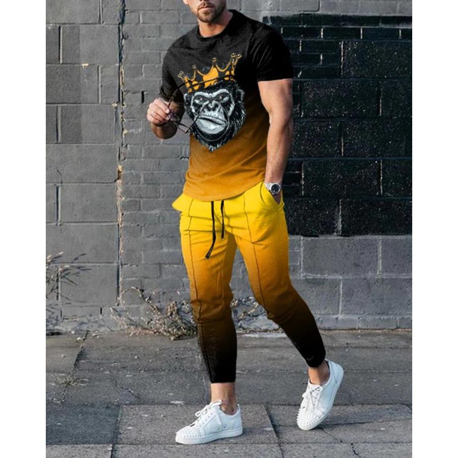 Pánské kalhoty s vtipným úsměvem, tepláková souprava, 2dílná sada, tričko s krátkým rukávem a dlouhé kalhoty, outfity, ležérní obleky, pánské oblečení