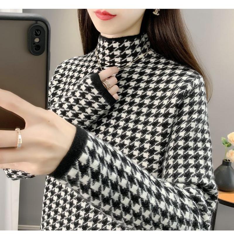 DAFIFY  Women's Fashion Casual Fall Winter Houndstooth Print Long Sleeve Half Turtleneck Sweaters