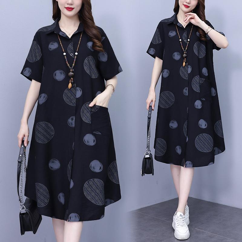 

DIMANAF 2023 Женское летнее платье-рубашка с короткими рукавами с принтом средней длины