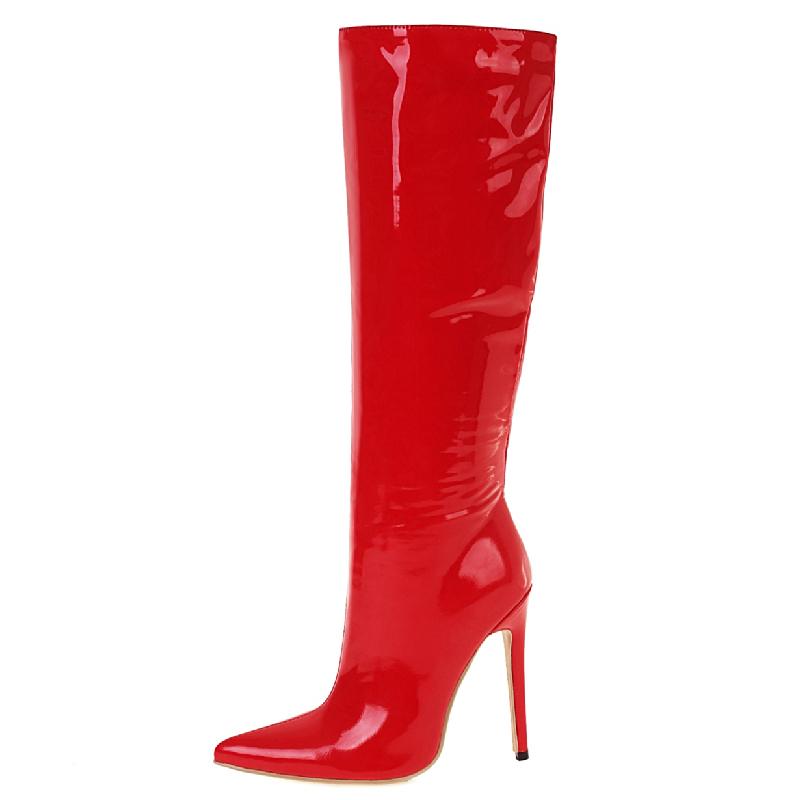 Point Toe Knee High Boots Zipper Autumn Winter Women's High Boots Patent Leather Long Thigh Dance Fetish Shoes Lady Large Size