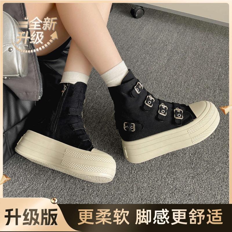 Black Retro High-top Platform Canvas Shoes Women's New Summer Height-increasing Versatile Board Shoes