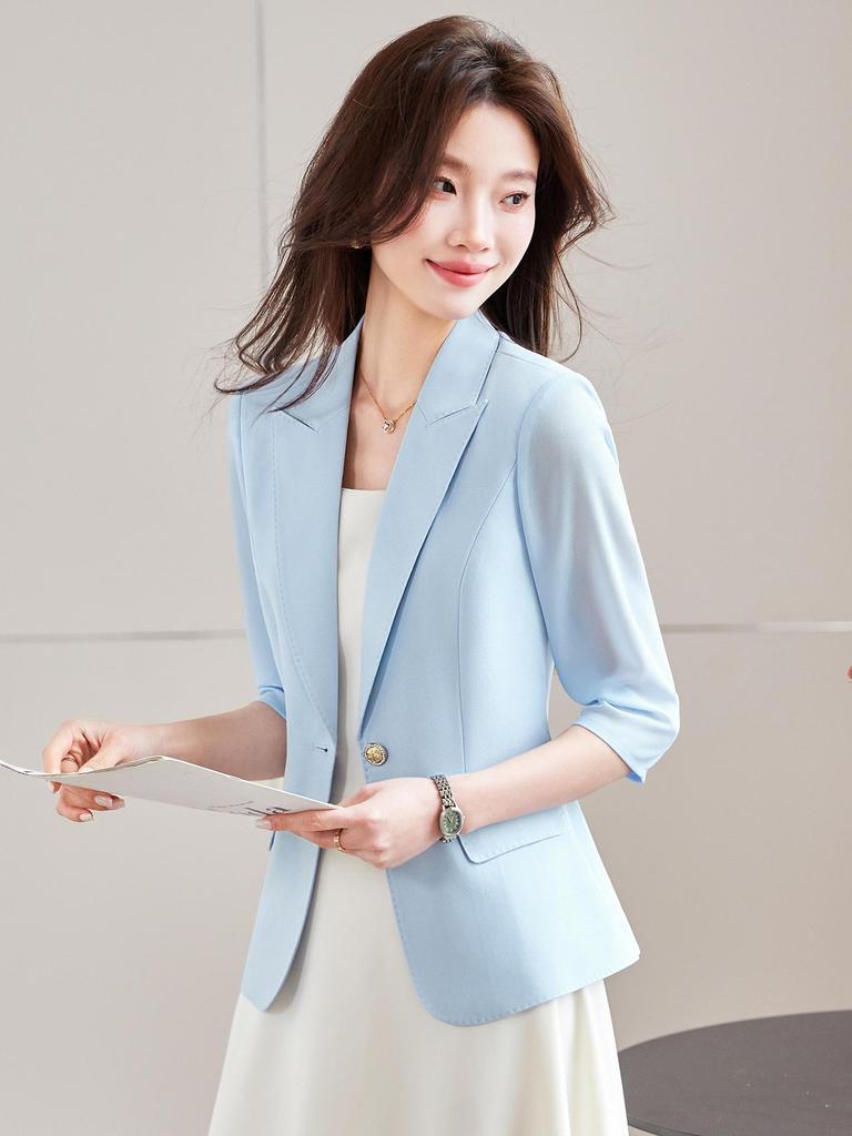 Women's White Acetate Satin Blazer: Thin, 3/4 Sleeves, Spring/Summer, Goddess Style, Professional Suit Jacket