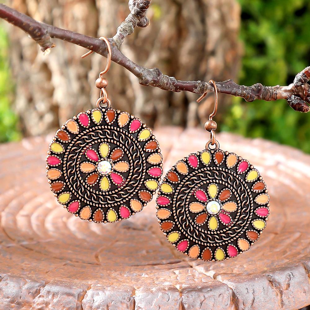 Vintage Bohemian Round Drop Earrings for Women Ethnic Simple Drop Oil Flower Shaped Temperament Earrings Female Jewelry