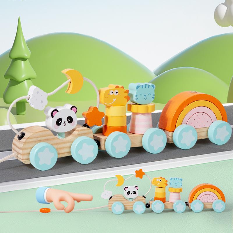 Baby Wooden Drag Toddler Train Animal Rainbow Brick Shape Matching Column Tractor Educational Toys