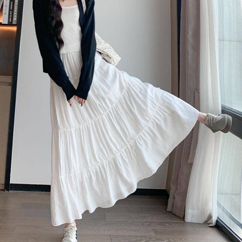 Women's White High-Waist A-Line Midi Skirt - Summer Slim-Fit Puffy Tiered Cake Skirt