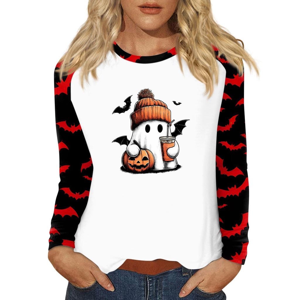Women's T Shirt Halloween Print Long Sleeve Daily Fashion Basic Round Neck Raglan Sleeve Top