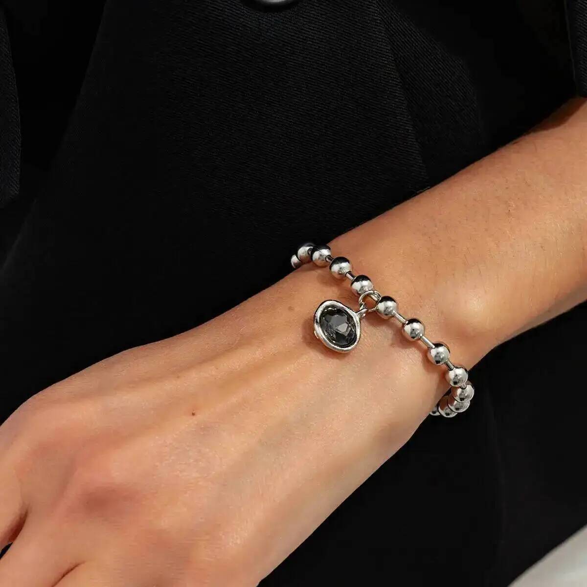 

SHIXIN Trendy Luxury Metal Beaded Chain Irregular Black Acrylic Rhinestone Pendant Necklace Bracelets Set Women Daily Jewelry
