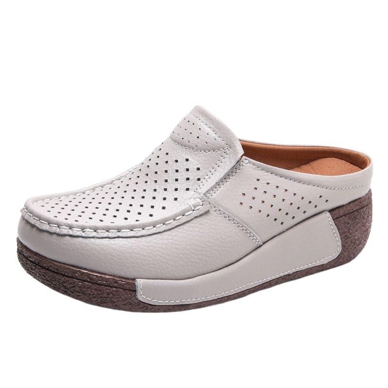 Genuine leather comfortable thick-soled bag head half slippers women's summer wear breathable hollow soft bottom slope heel cool slippers