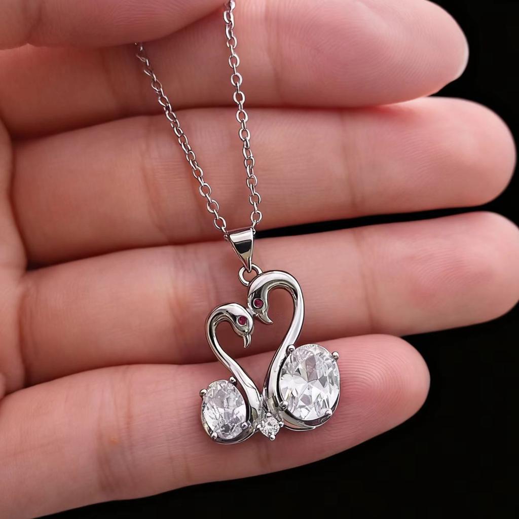 Accessories Imitation Coconut Round Pink Diamond Swan Love Necklace Women's Double Swan Zircon Pendant Clavicle Chain
