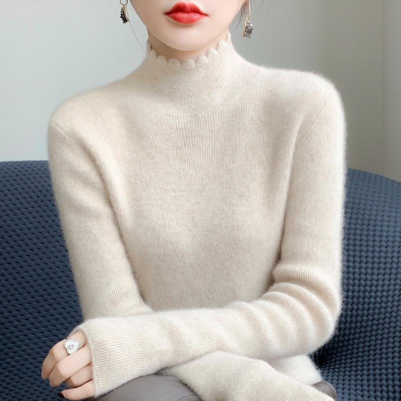 Lace Half High Neck Sweater Women's Black Fungus Edge Stand Up Collar Knitted Sweater Autumn and Winter High Neck Pullover Stylish Korean Style