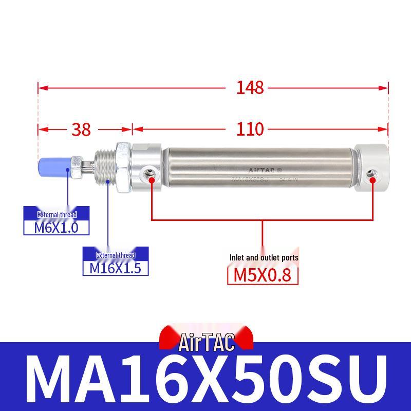 AirTAC Stainless Steel Mini Cylinder MA Series - Sizes: 16/20/25/32 mm x 15/25/30/50/75/100/125-SU