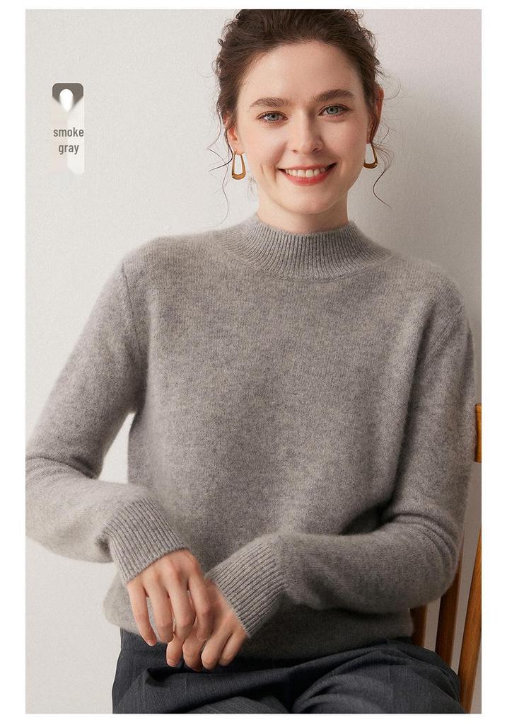 Women's 100% Cashmere Thickened Long Sleeve Sweater - Half-High Neck, Versatile Knit Base Layer for Autumn/Winter