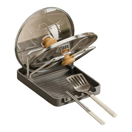 

Pot Lid Storage Rack Kitchen Pot Lid Stand with Drain Tray Spoon Rest Pan Lid Holder While Cooking for Chopping Board Spatula Turner Dual Layer