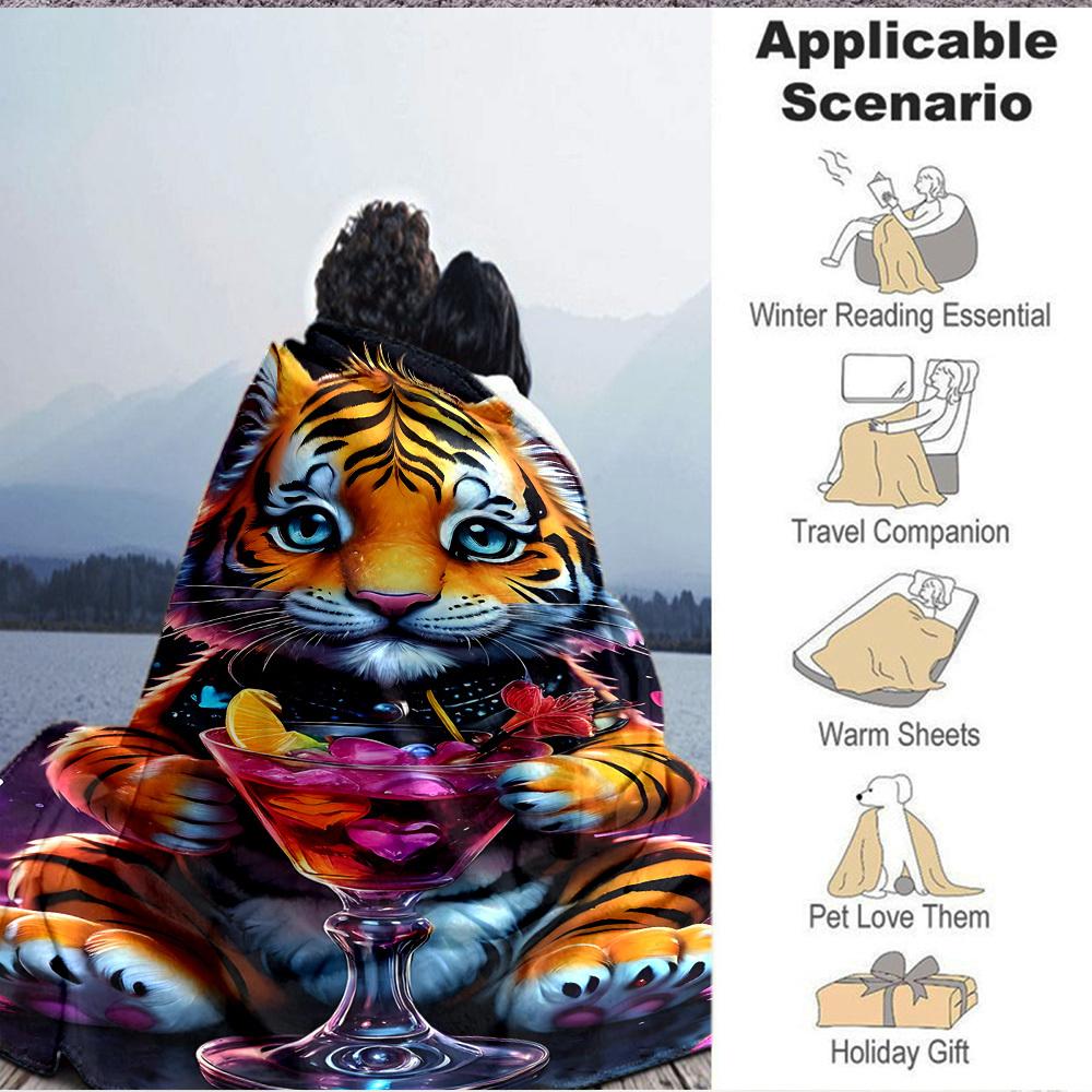 1pc Tiger Cocktail Glass Blanket Lightweight Flannel Blanket Throw Blanket For Sofa, Bed, Travel, Camping, Livingroom, Couch, Chair, And Bed yy2509026