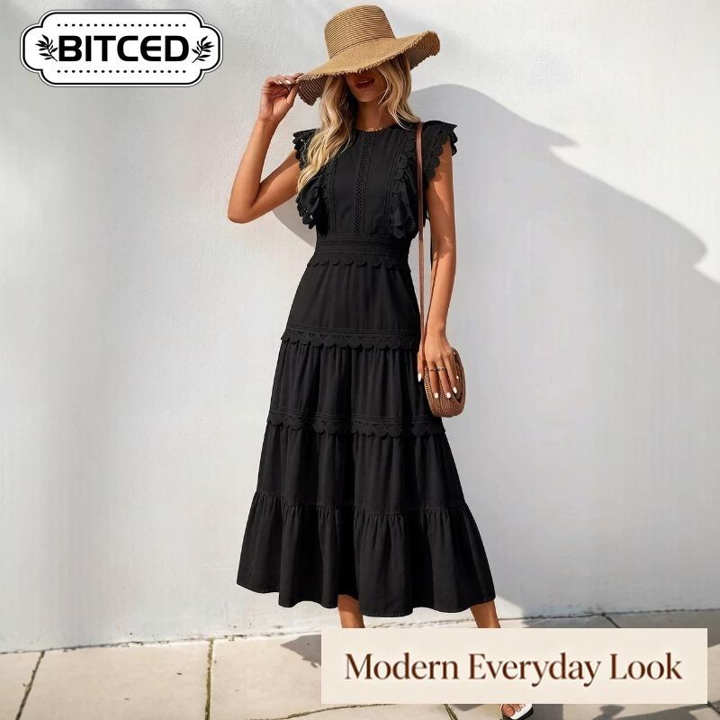 BITCED Fashion Solid Color Print O-Neck Sleeveless Casual Dresses