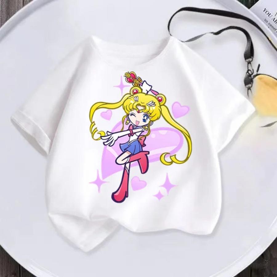 

Летняя новая детская футболка аниме-футболка для девочек Sailor Moon, модная футболка с коротким рукавом для девочек в стиле аниме Harajuku 120