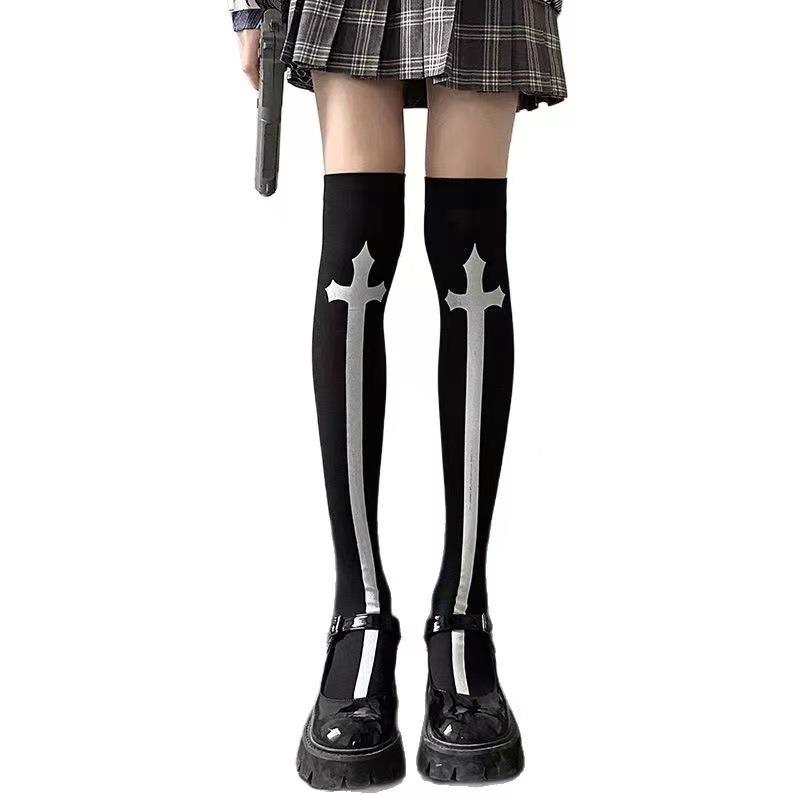 1 Pair of Cross Long Tube JK Socks Printed Knee Length Socks Velvet Material Performance Cos Stockings Stockings