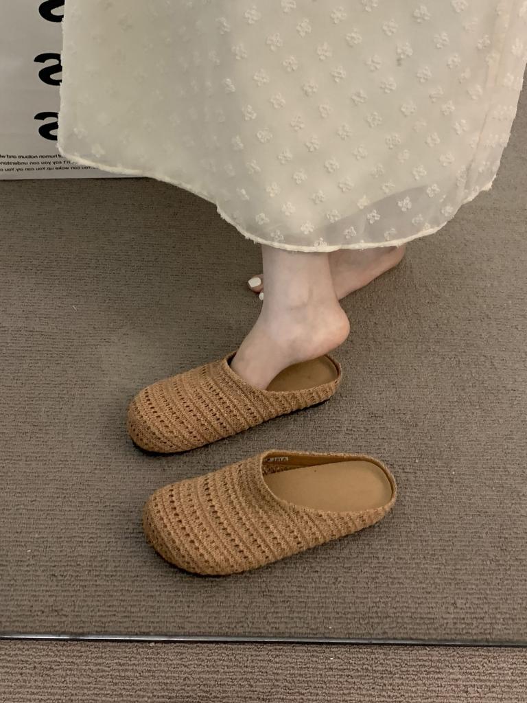 Woven bag head slippers women's summer wear beach soft bottom lazy high value flat bottom Muller cool slippers