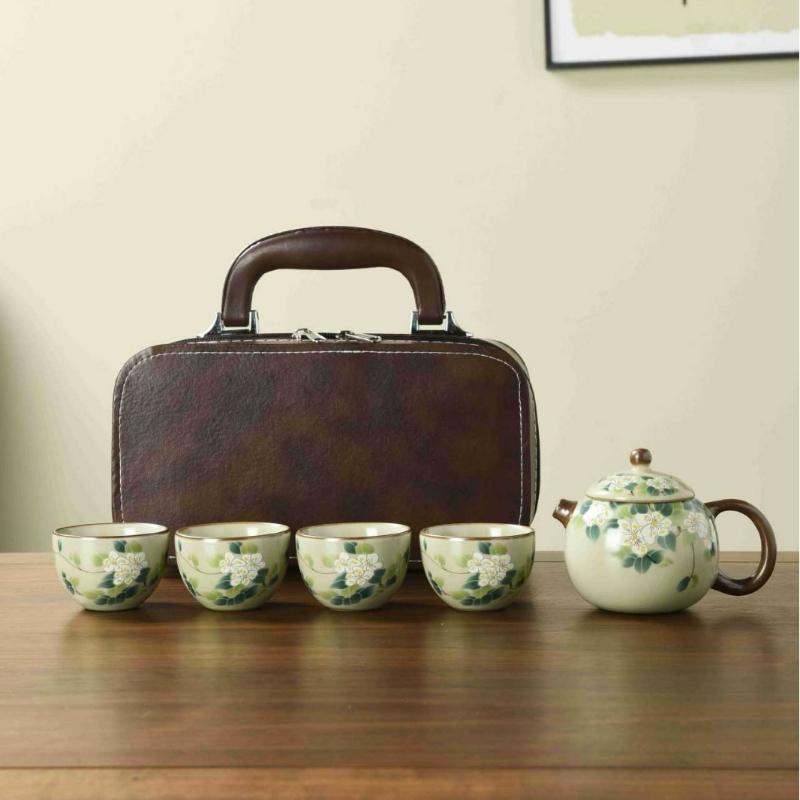 Ru Kiln Travel Tea Set One Pot Four Cups Retro Kung Fu Tea Set Ceramic Teapot Tea Cup Portable Outdoor Teaware Sets Leather Bag