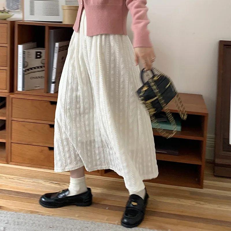 Autumn Winter Women's Jacquard Lace Midi Skirt Tea Outfit Style Elegant French A-Line White Skirt