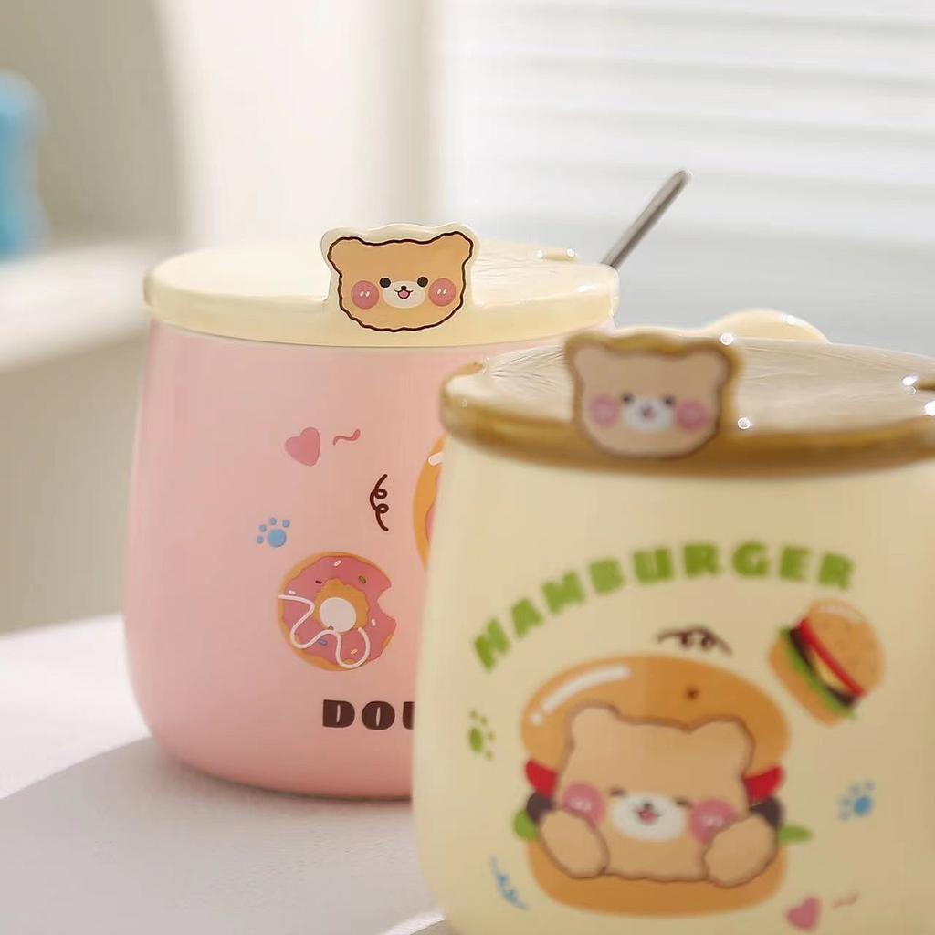Tasses Céramiques Dessin Animé Mignonnes et Jolies Tasses Ours Tasses à Eau Ménagères pour Couple Tasses à Café avec Cuillères Couvertes Tasses à Lait