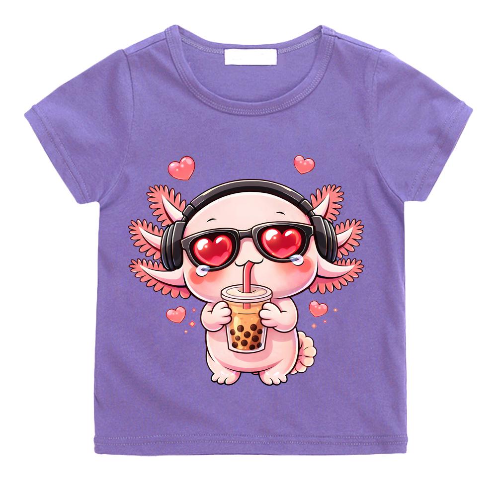Bubble Tea Love Axolotl T Shirt Kawaii Axolotl Drinking Boba Chibi Anime Design Tee Cotton Boys/girls Cartoon Print Cute Manga Tee-shirt