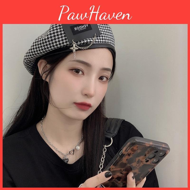Stylish Houndstooth Japanese Beret Hat For Women With Unique Patch Metal