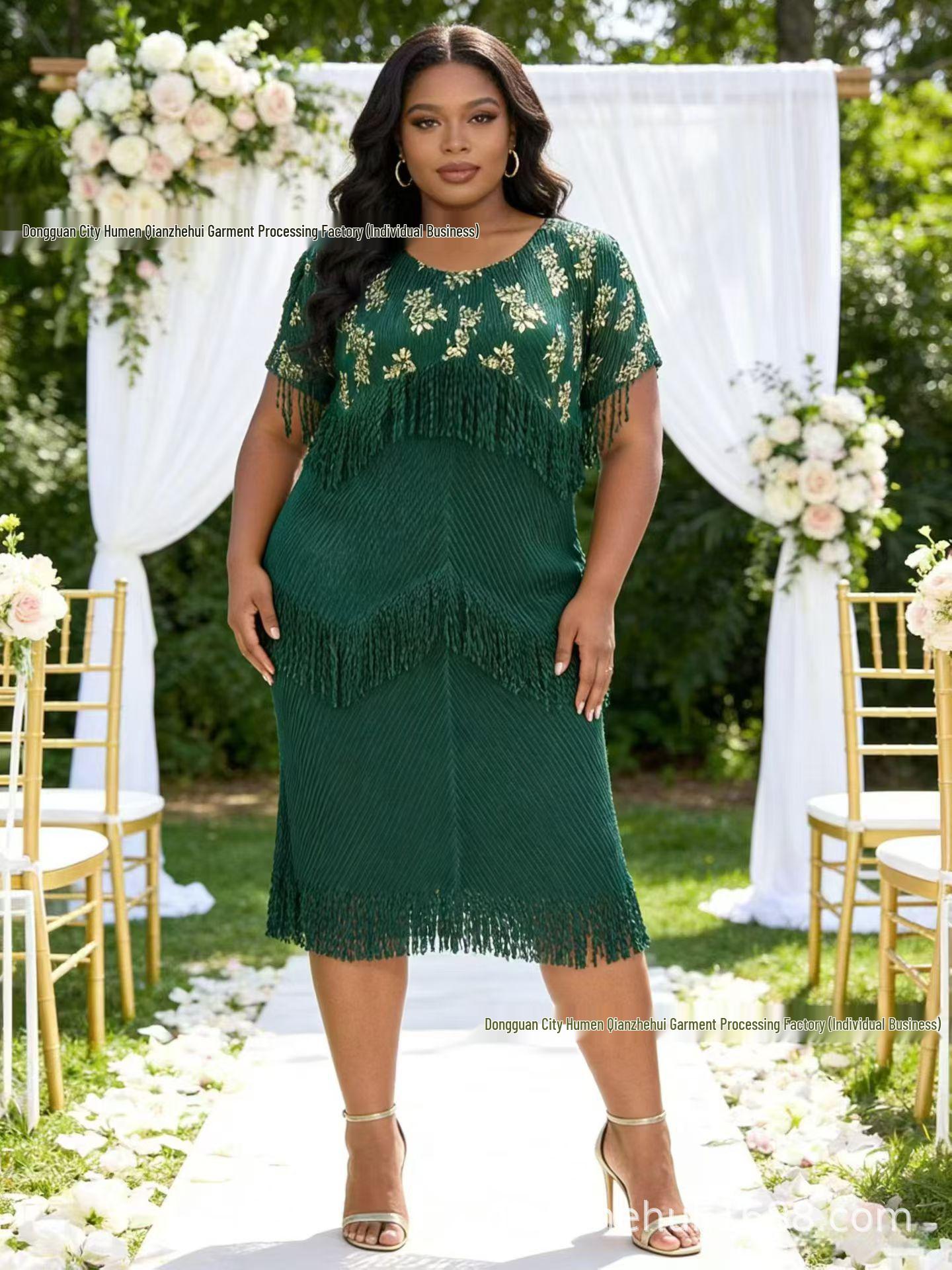 

Плиссированное африканское платье большого размера Мияки с бахромой и горячим тиснением - Новый высококлассный стиль Green 99539