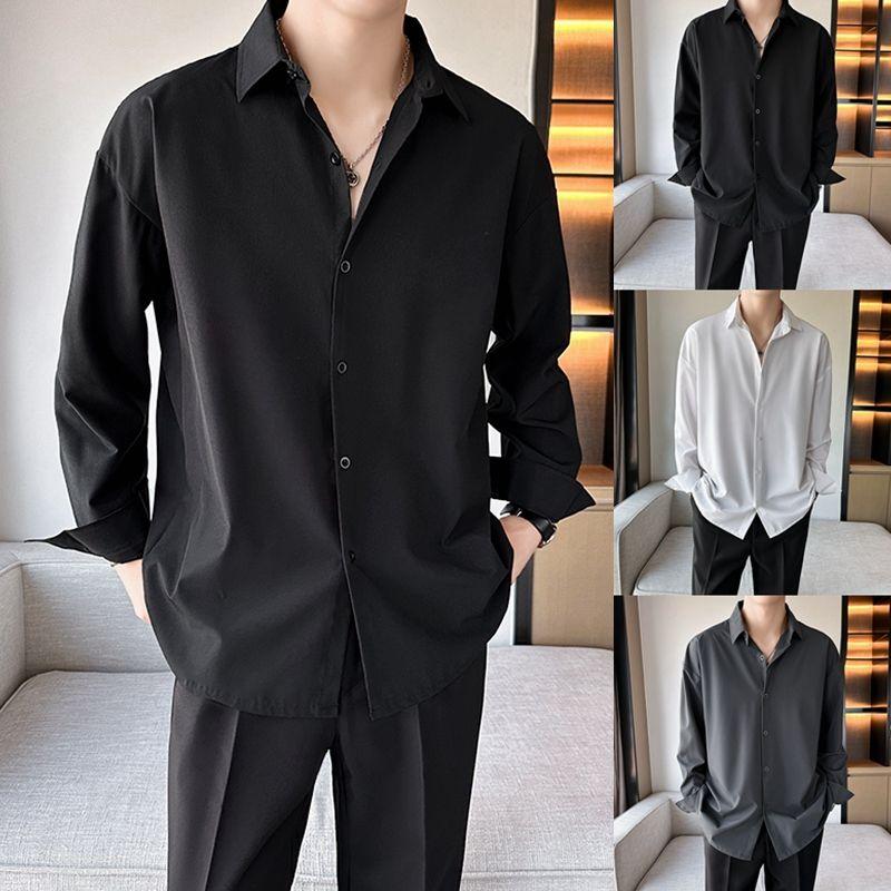 Ice Silk Black Shirt Men's Long-sleeved Spring Autumn New Drape Loose Jacket Casual Suit Trendy