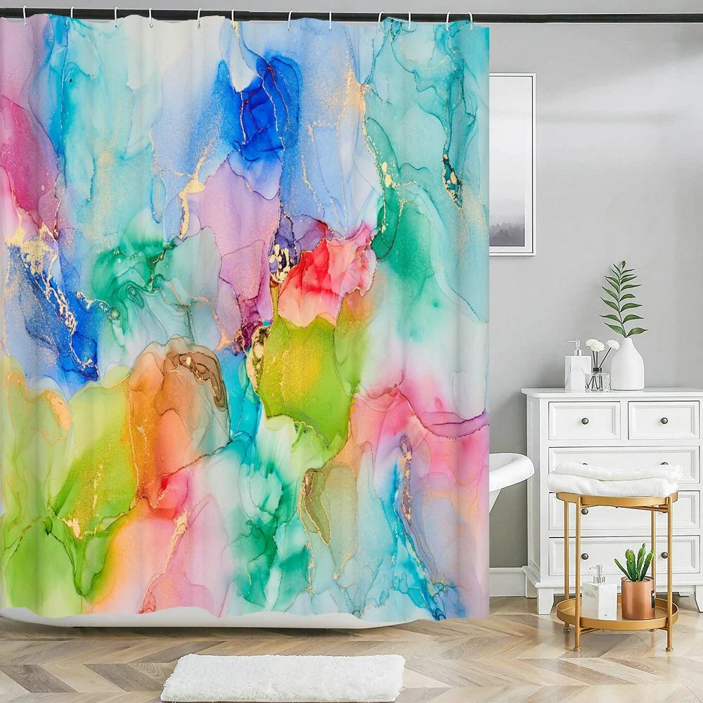 Perdea de Duș din Material Textil cu Model Geometric Abstract Marmorat Colorat, Perdele de Baie Decor, Impermeabilă, Paravan de Baie cu 12 Cârlige