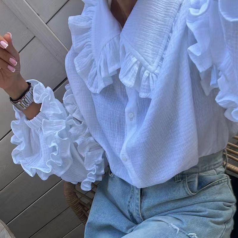 European and American Lantern Sleeve Shirts Casual Doll Collar Shirt Lantern Sleeve Doll Collar Shirt