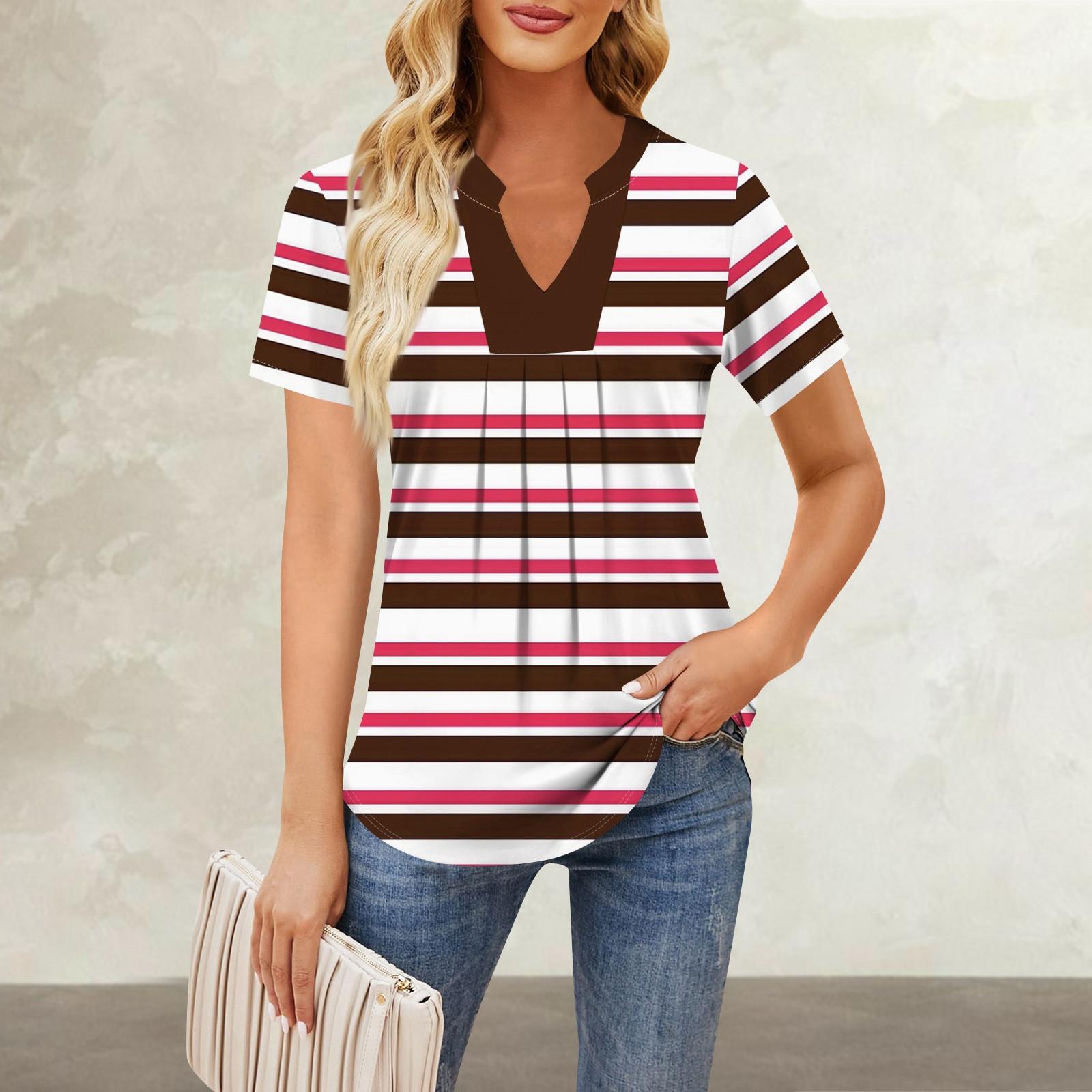 

Женская повседневная свободная футболка с коротким рукавом и v-образным вырезом на груди, плиссированная свободная футболка с принтом, топ L кофейный