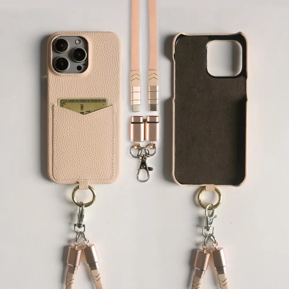 Multifunktionales Ladekabel-Lanyard Echtes Lederhülle Für iPhone 16 Pro Max 15Pro 11 13 12 14Pro Umhängeband Kartenfach