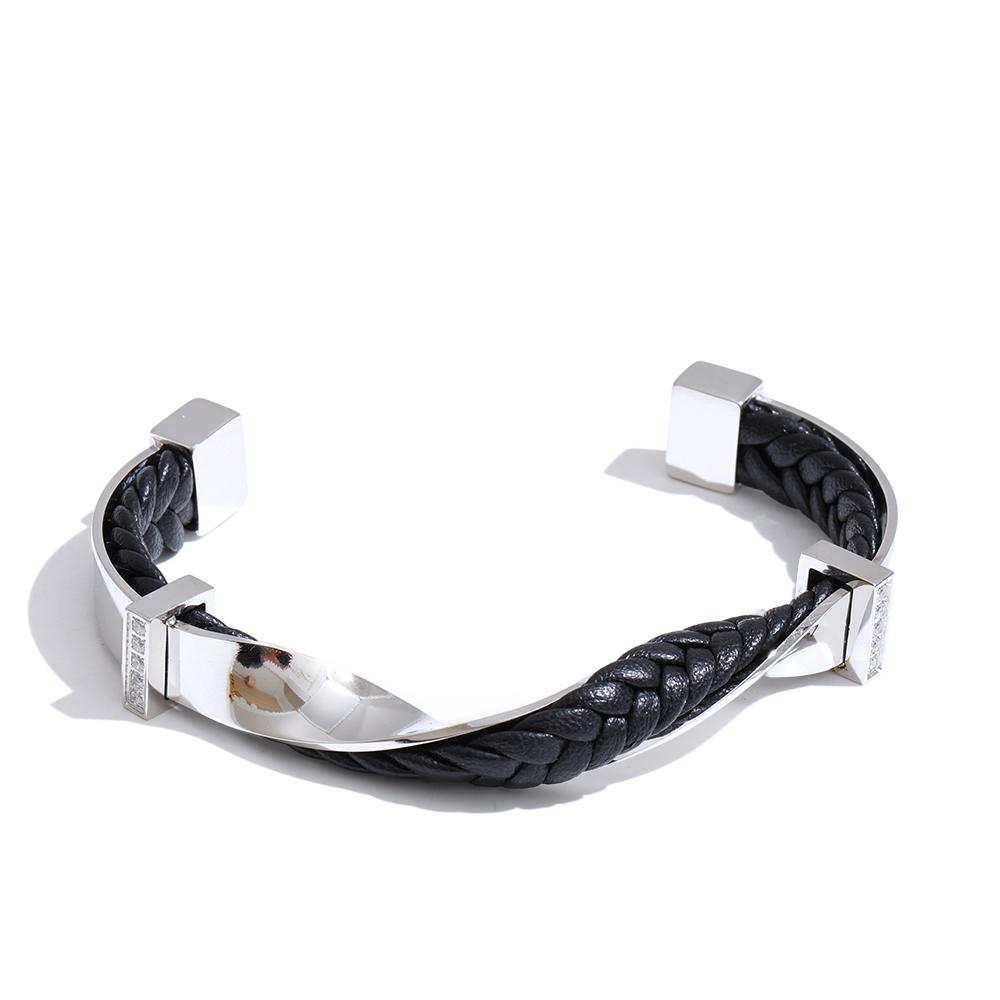

Yhpup 68mm Black Leather Stainless Steel Twisted Cuff Men Women Bracelet Bangle Waterproof PVD Plated Creative Quality Jewelry