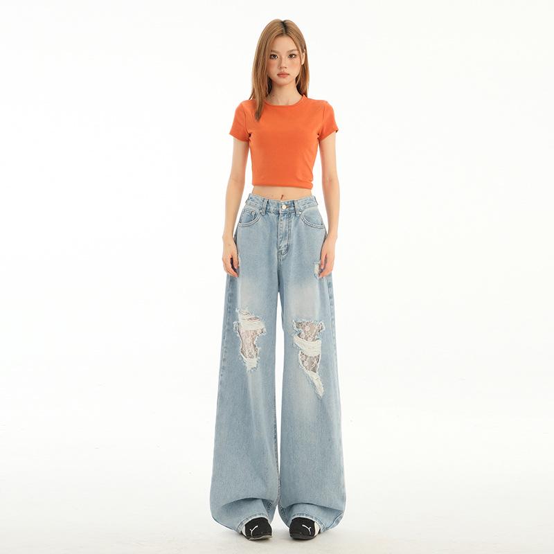 

Женские джинсы с высокой талией, рваные, с кружевом, прямого кроя, свободные - Лето 2025 Extra Large