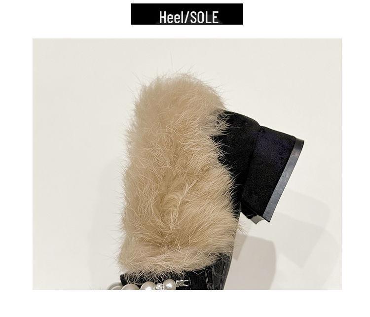 Women's Chunky Heel Suede Pointed Toe Low-Cut Furry Cotton Shoes for Autumn/Winter