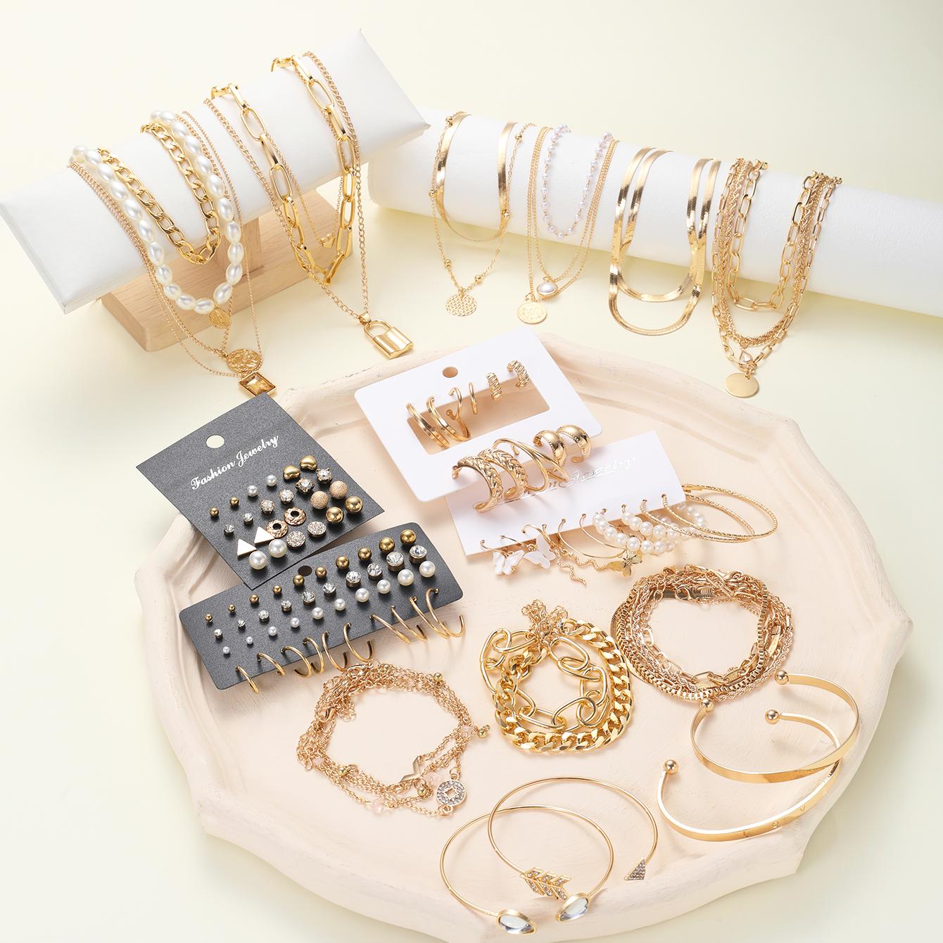 

Vintage Boho Necklaces Earrings Bracelets For Women Elegant Gold Color Imitation Pearl Zircon Butterfly Lock Pendant Jewelry Set
