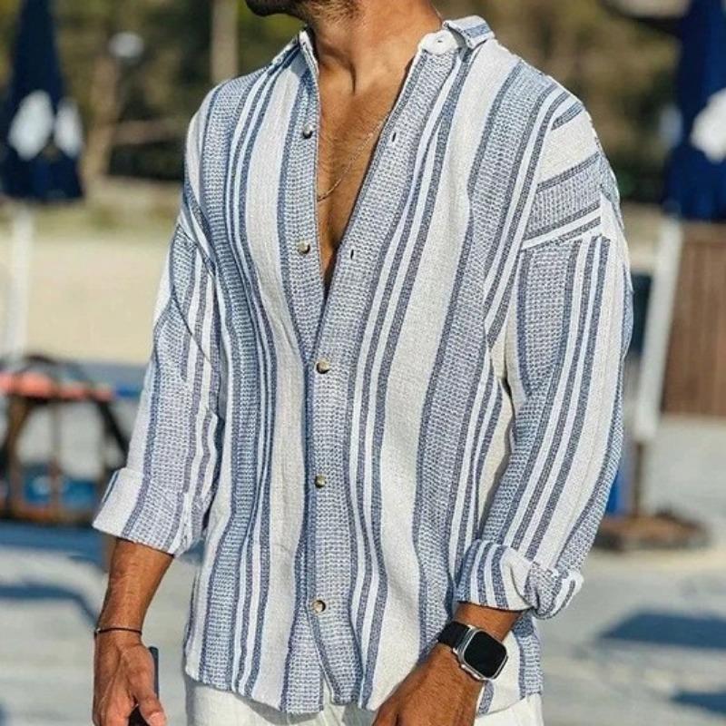 3D Digital Printed Striped Casual Men's Loose Long Sleeved Shirt