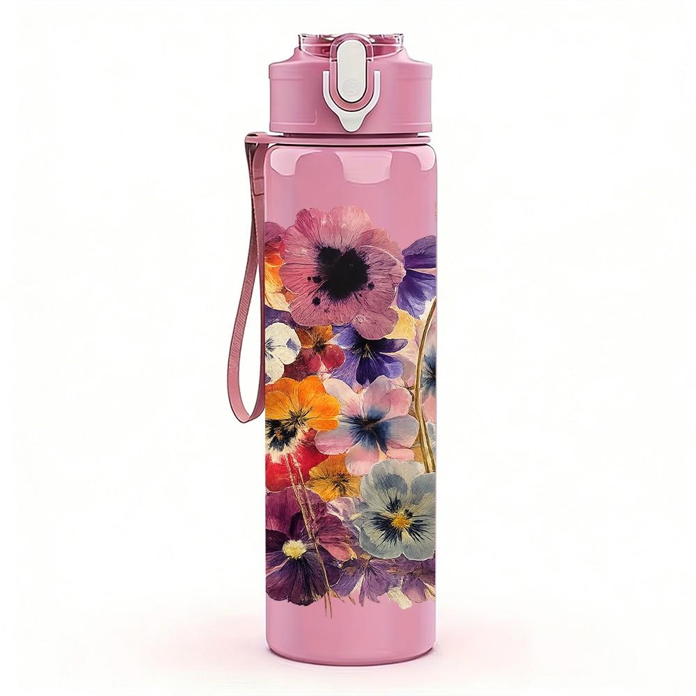 1PC Multicolor Mixed Wildflower Bouquet Print 750ml Color Plastic Sports Water Bottle Leakproof Flip Straw Lid Suitable for Sports Office Home Use
